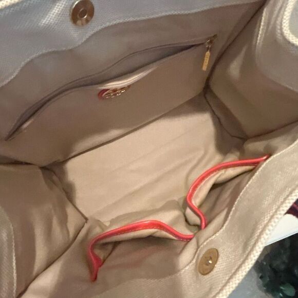 Tory Burch Canvas Tote Bag Neutral Blue Red Boho Strap Coastal Beach Vacation - Picture 7 of 12